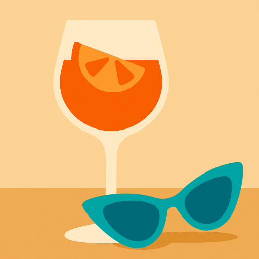 A festive orange summer drink in a wine glass with teal retro sunglasses next to it.